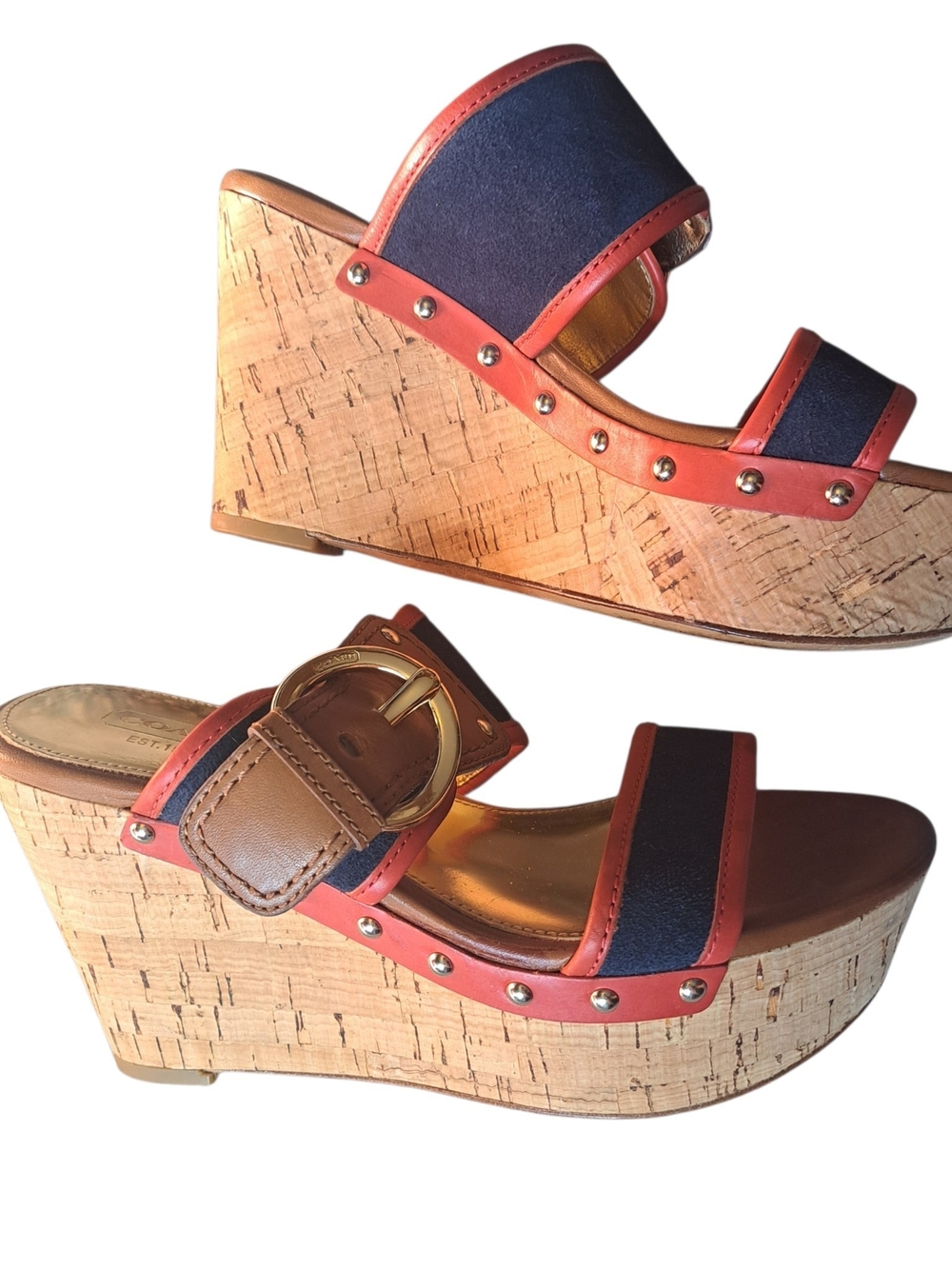Coach Women’s Size 6B Cork Wedge Sandals Navy Red Brown Buckle Studded